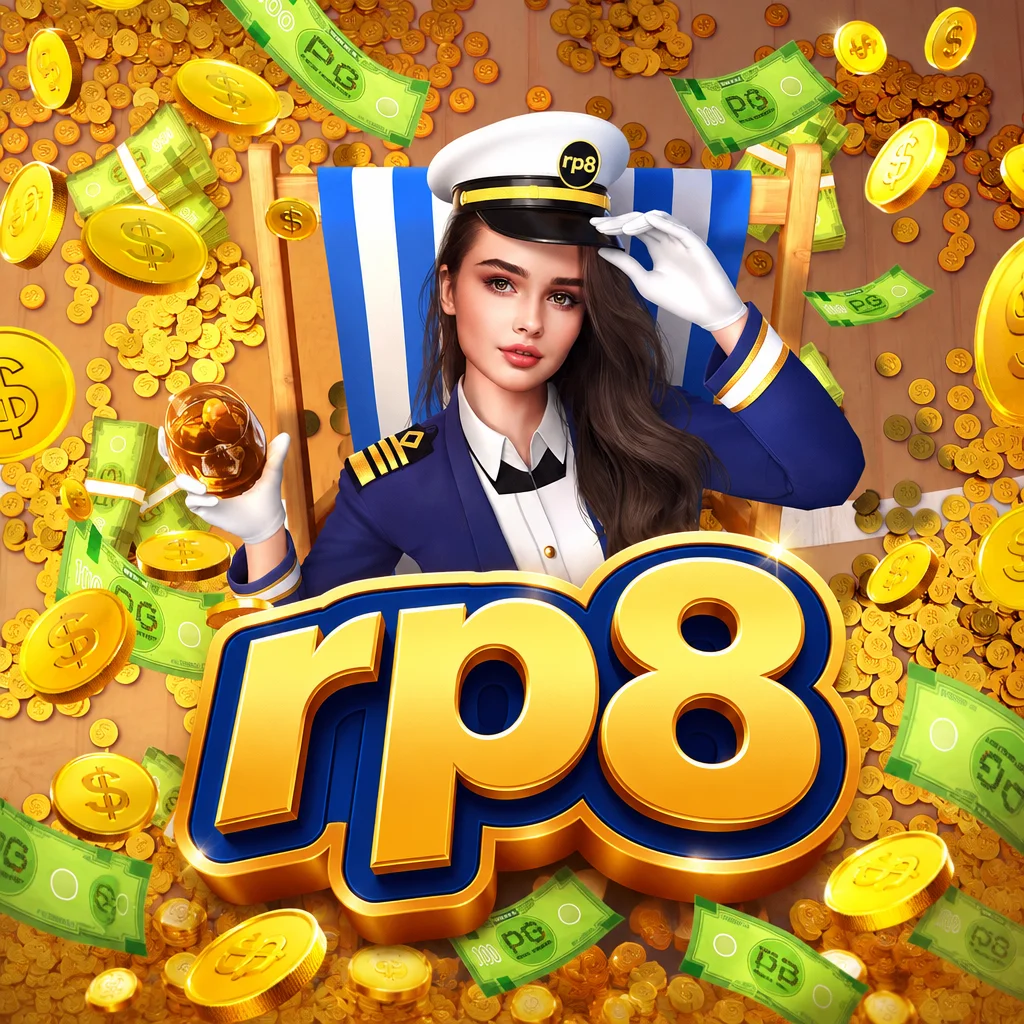 Karakter kapten wanita santai di kursi pantai dengan logo rp8 di game Cruise Royale