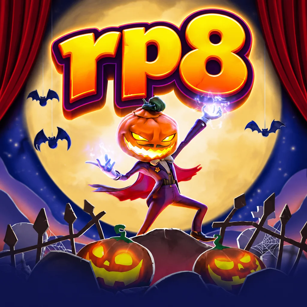 Karakter berkepala labu Halloween berpose di bawah bulan purnama dengan logo rp8